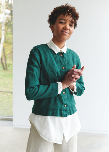 Kragenlose Leinenjacke in Smaragdgrün