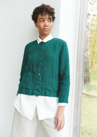 Kragenlose Leinenjacke in Smaragdgrün