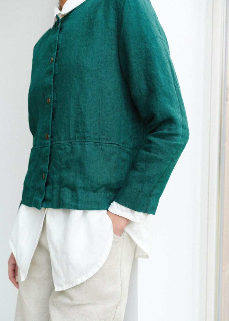 Kragenlose Leinenjacke in Smaragdgrün