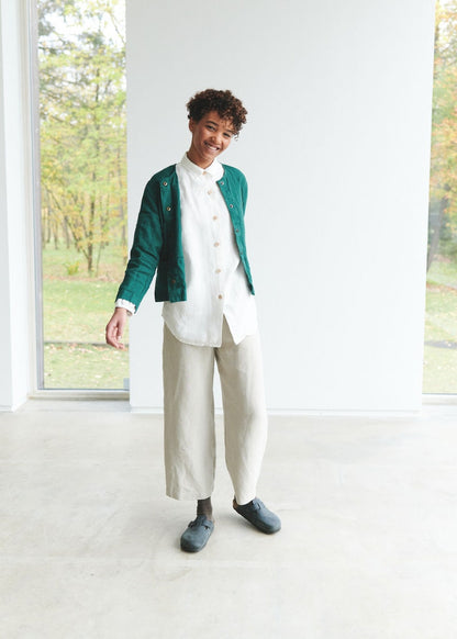 Kragenlose Leinenjacke in Smaragdgrün