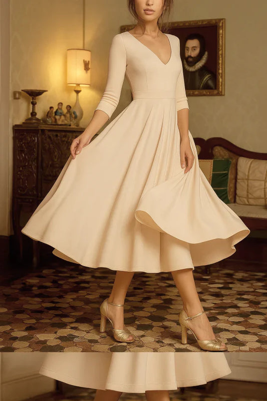 Elena – Damen Midikleid mit V-Ausschnitt und schwingendem Rock
