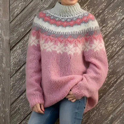 Liora – Damen Strickpullover mit Norwegermuster und Stehkragen