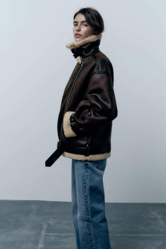 Lucía - Damenjacke in Lederoptik mit Schaffellfutter im Winter