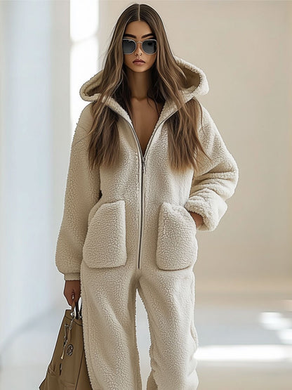 Natalia – Kuscheliger Teddyfleece-Jumpsuit mit Kapuze für Damen