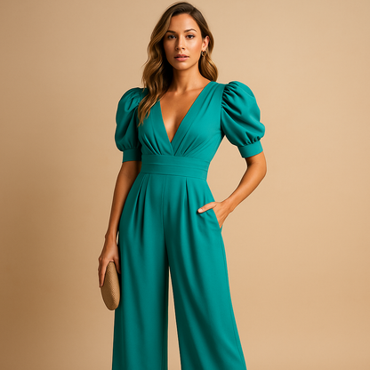 Adriana - Damen Jumpsuit mit Puffärmeln und weitem Bein